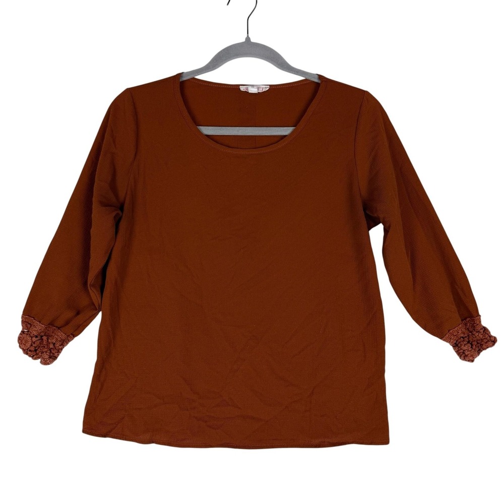 A'GACI Blouse‎ Womens Small Brown Scoop Neck 3/4 Sleeve Button Back Crochet